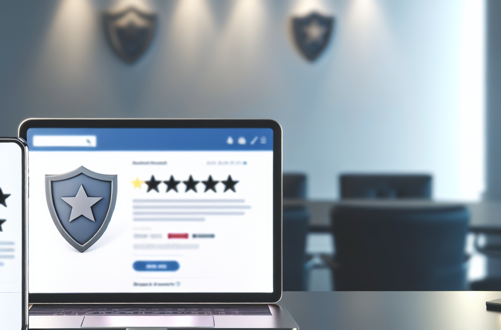 Laptop and phone with search results and review ratings representing online reputation management and brand trust