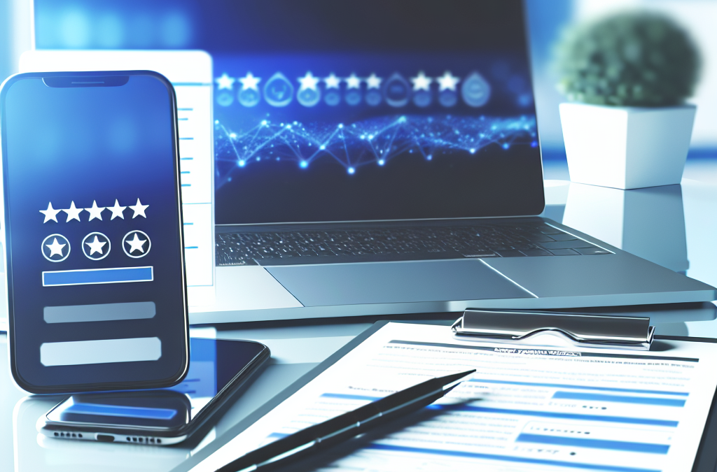 Laptop and review checklist representing online reputation management and brand trust