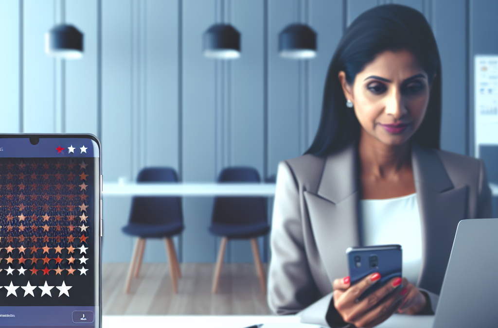 Professional workspace with laptop and smartphone showing reputation analytics and star ratings, representing online reputation management for fraud-related search concerns.