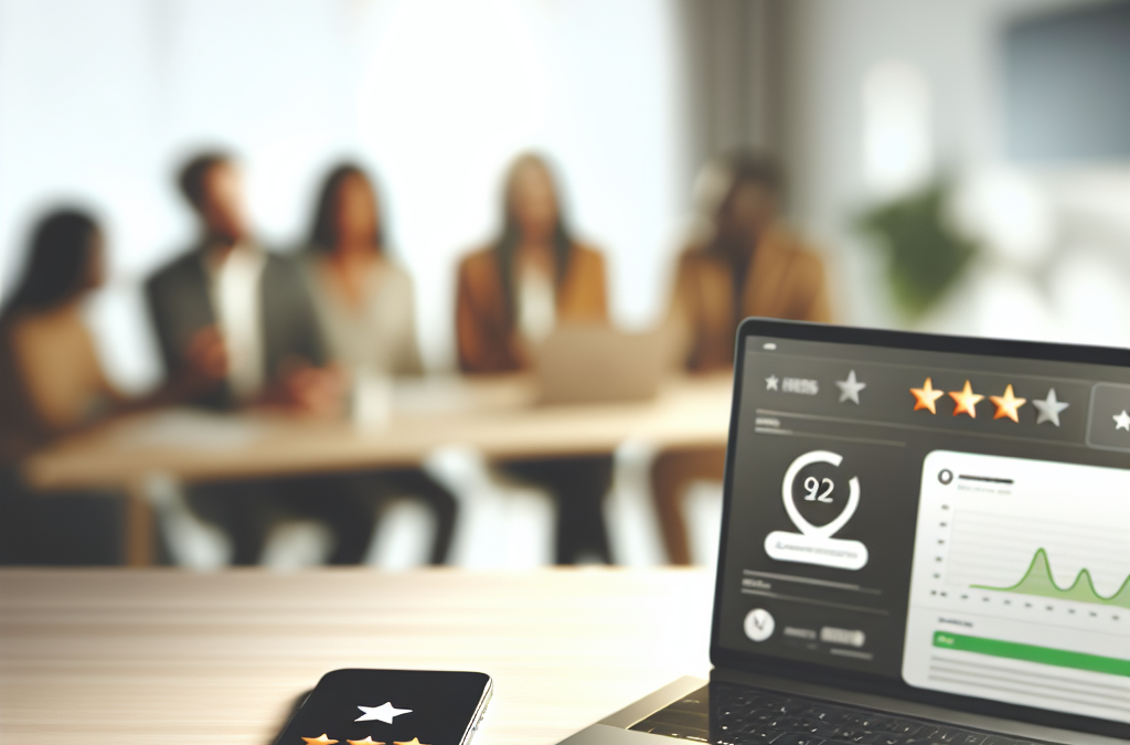 Business team reviewing online reviews and reputation analytics on a laptop and smartphone