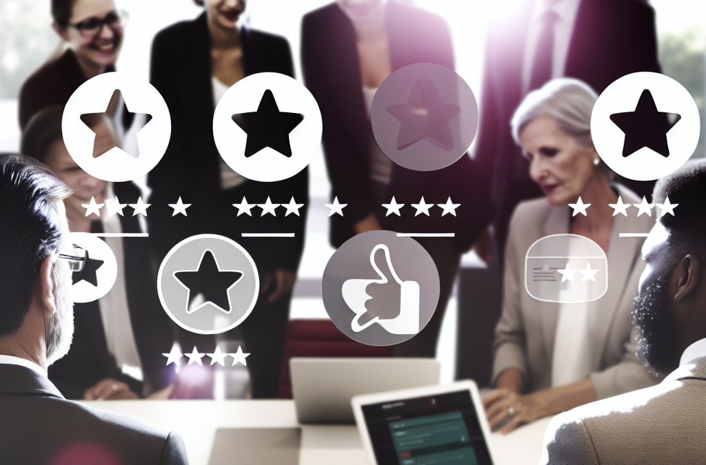 Business team reviewing online ratings and search results to manage brand reputation and trust
