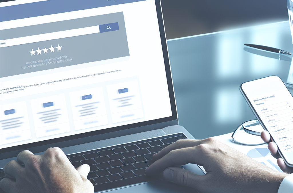 Professional workspace showing a laptop and phone representing online reviews and search results for reputation management.