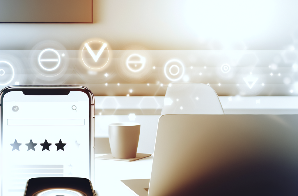 Laptop and smartphone on a desk representing online reviews, search visibility, and brand trust.