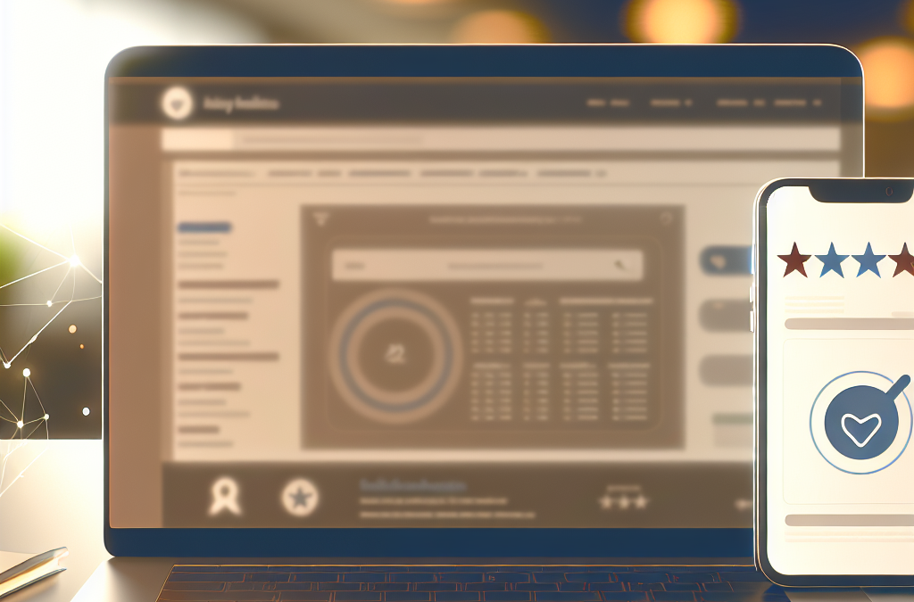 Modern workspace showing a laptop and phone with abstract review stars and search results icons representing online reputation management and brand trust.