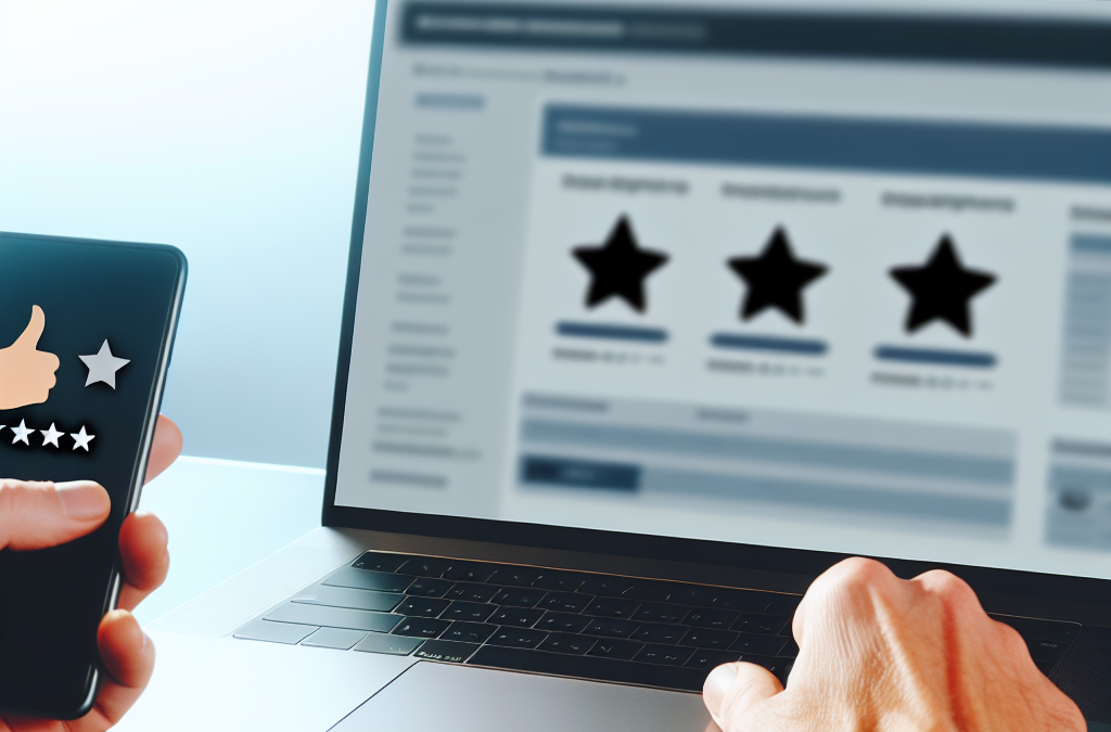 Online reputation management concept with analytics and reviews on a desk