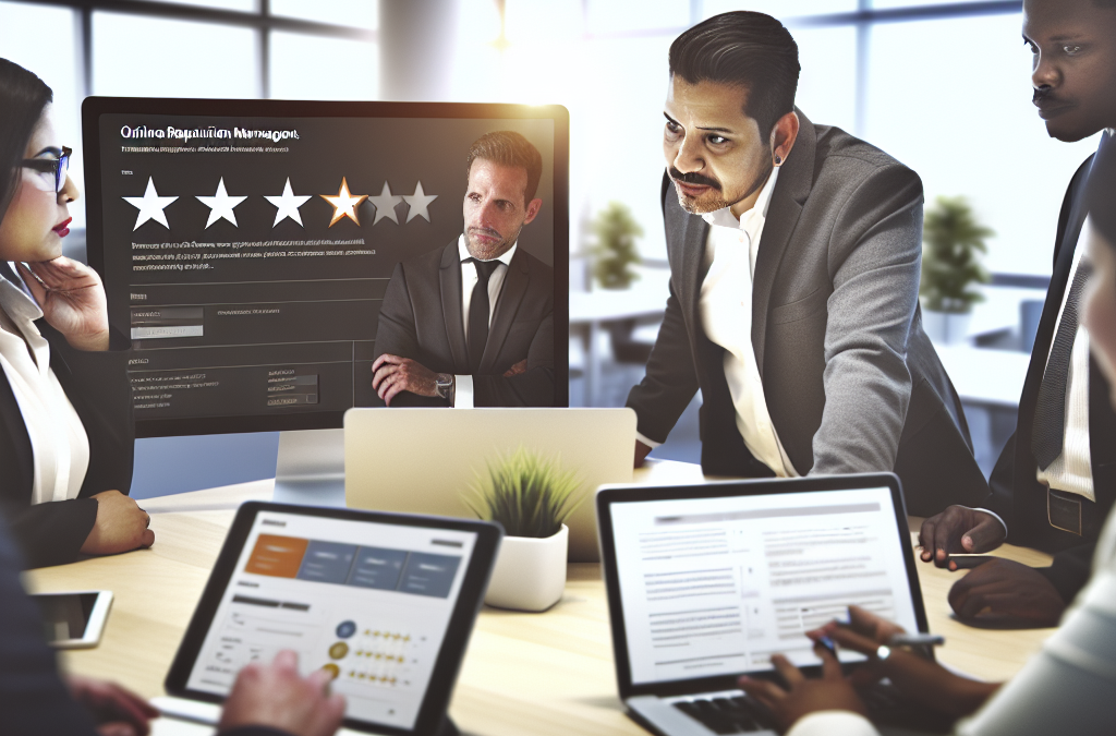 Business team reviewing online reviews and reputation metrics on a laptop to build brand trust