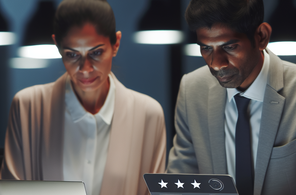 Business team reviewing online reputation metrics, customer reviews, and search results on digital devices