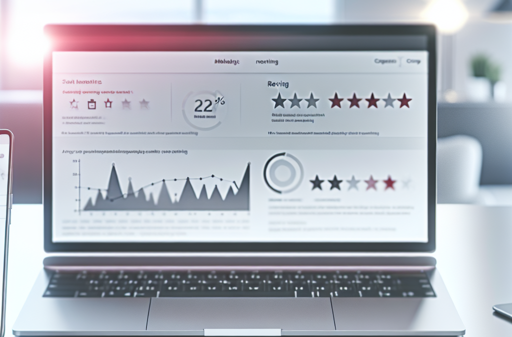 Dashboard showing review trends and reputation analytics on a laptop with a phone, representing online reputation management and brand trust