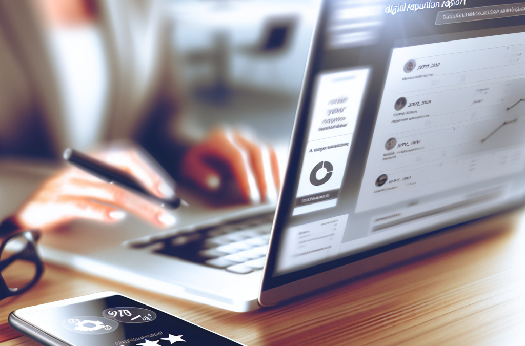 Professional scene showing online reputation monitoring and trust management on a laptop and phone