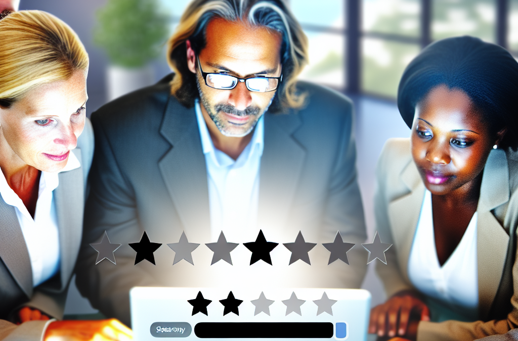 Team reviewing a reputation dashboard with ratings and trust signals representing online reputation management