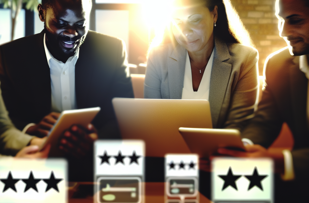 Team reviewing online reviews and reputation metrics on digital dashboards to build business trust