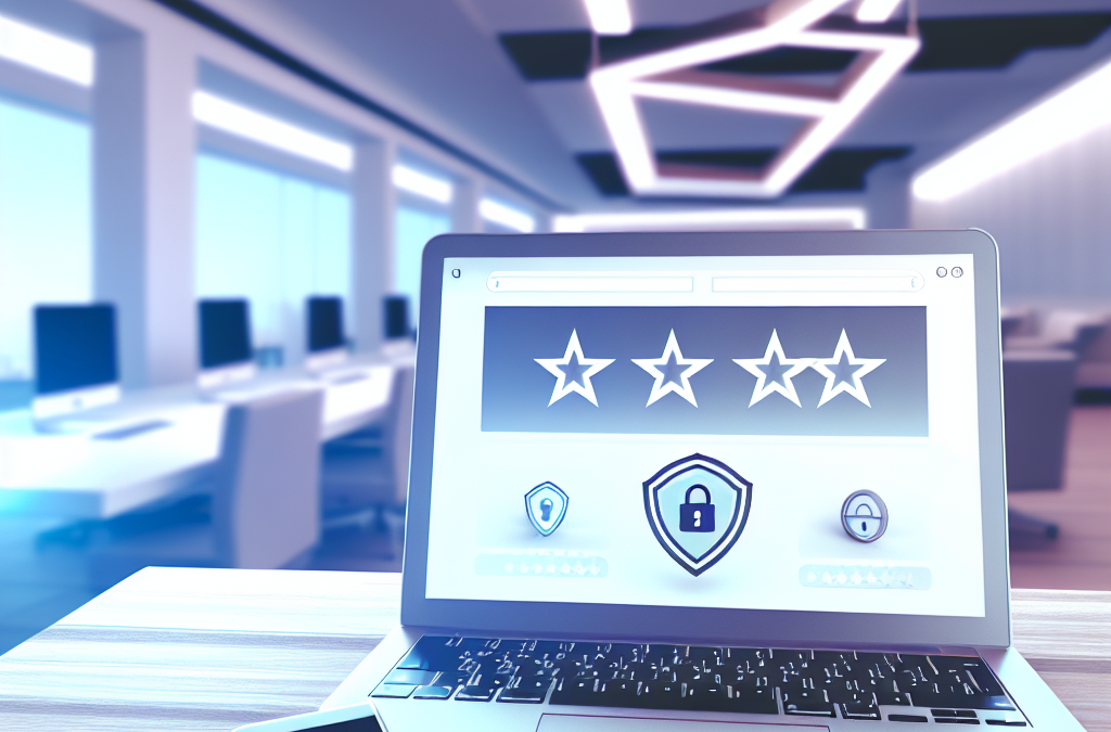 Laptop and smartphone displaying review and reputation metrics representing online trust and brand protection