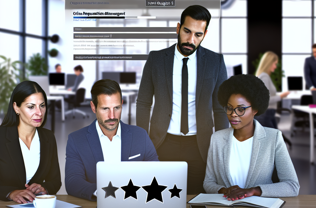 Business team reviewing online ratings and trust signals on a laptop to manage brand reputation