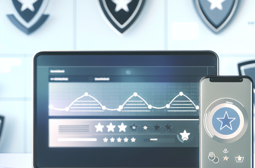 Workspace scene representing online reputation management with reviews, analytics, and trust signals