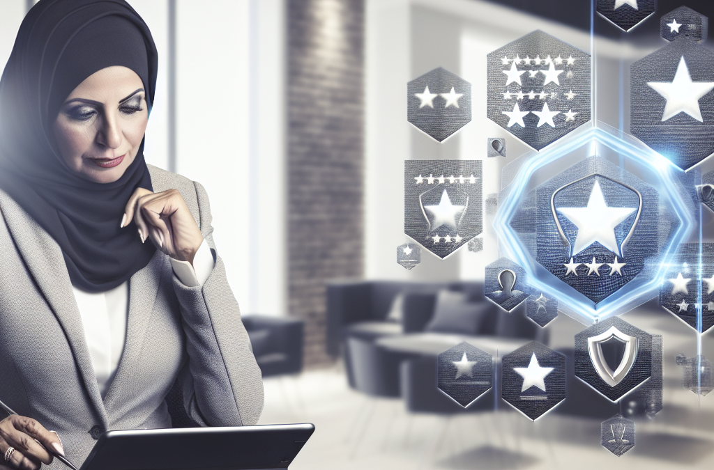 Business owner reviewing online ratings and search results to build brand trust