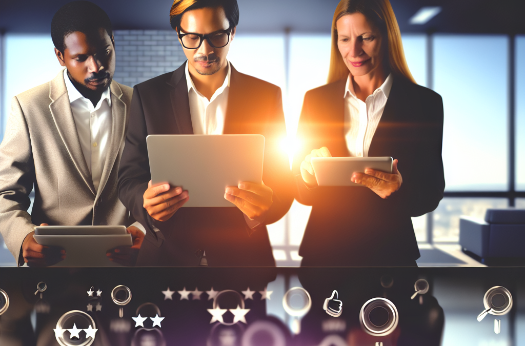 Business professionals reviewing online ratings and search presence to improve brand trust