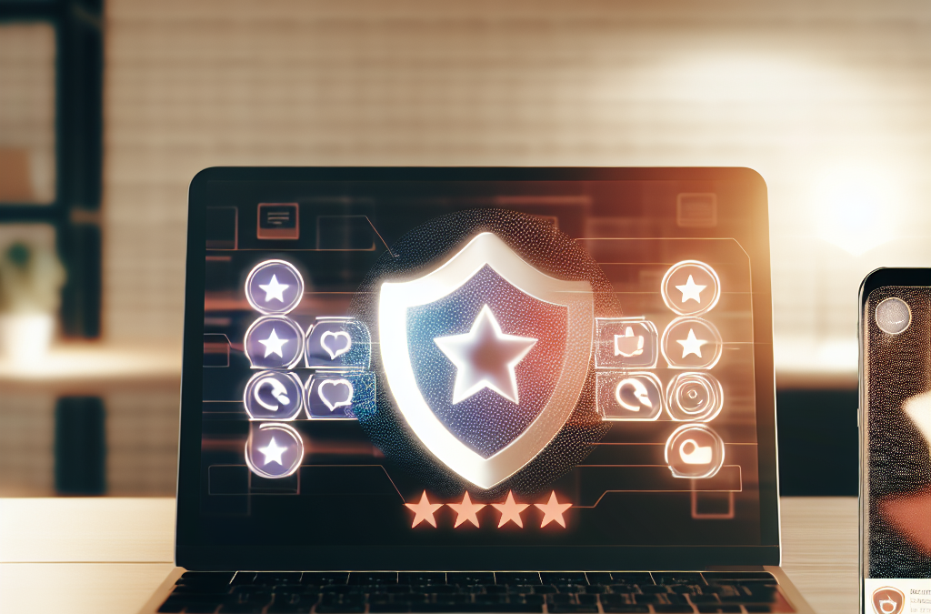 Laptop and smartphone on a desk with abstract review and rating icons representing online reputation management and brand trust