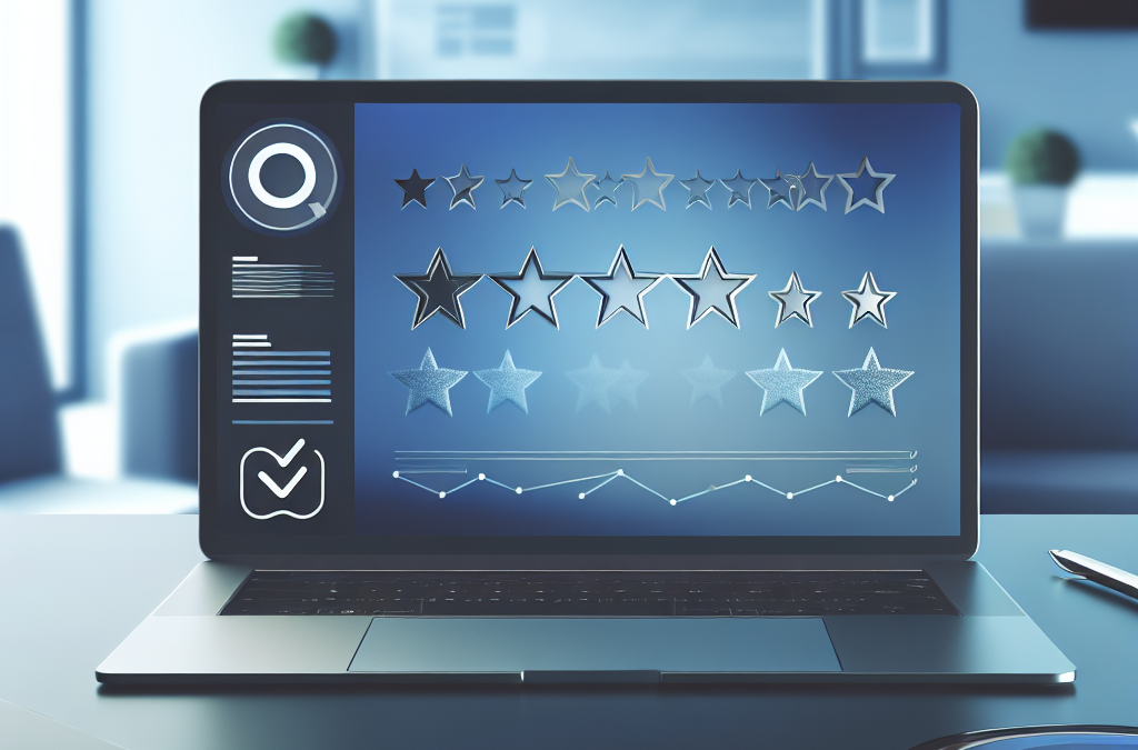 Laptop and smartphone with abstract review and analytics visuals representing online reputation management and brand trust.