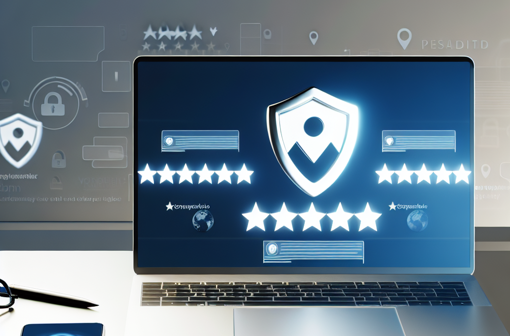 Laptop and smartphone showing review and rating icons representing online reputation management and brand trust