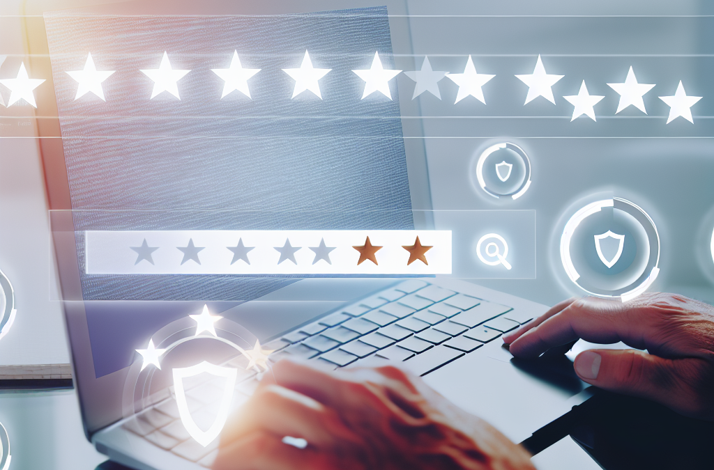 Professional online reputation management concept with search results and review ratings on a laptop screen