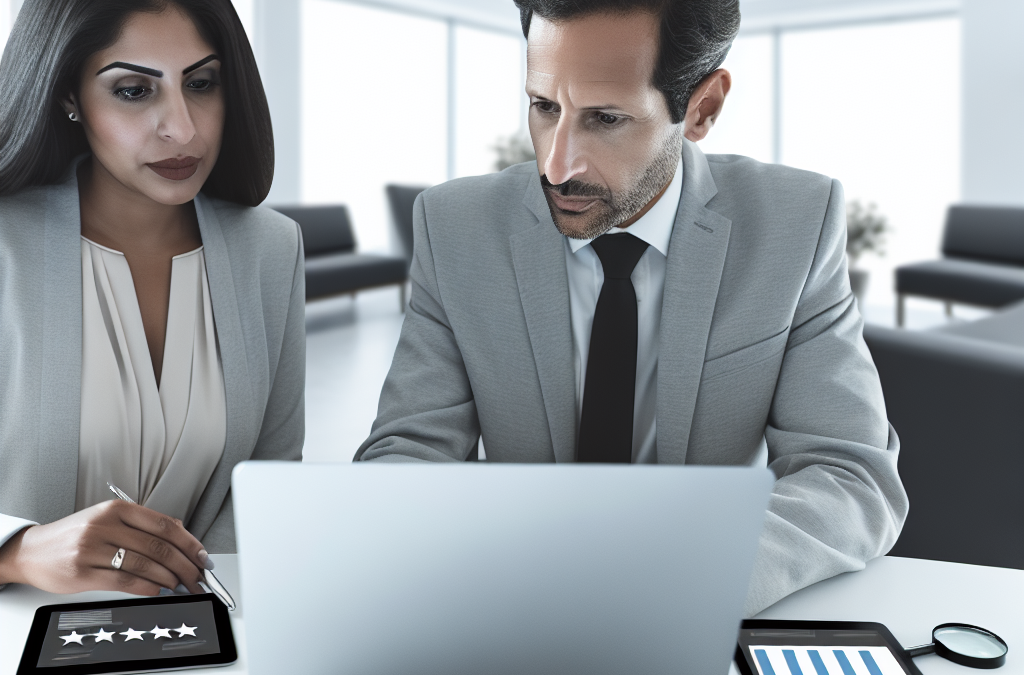 Business team reviewing online reputation analytics and customer reviews on a laptop