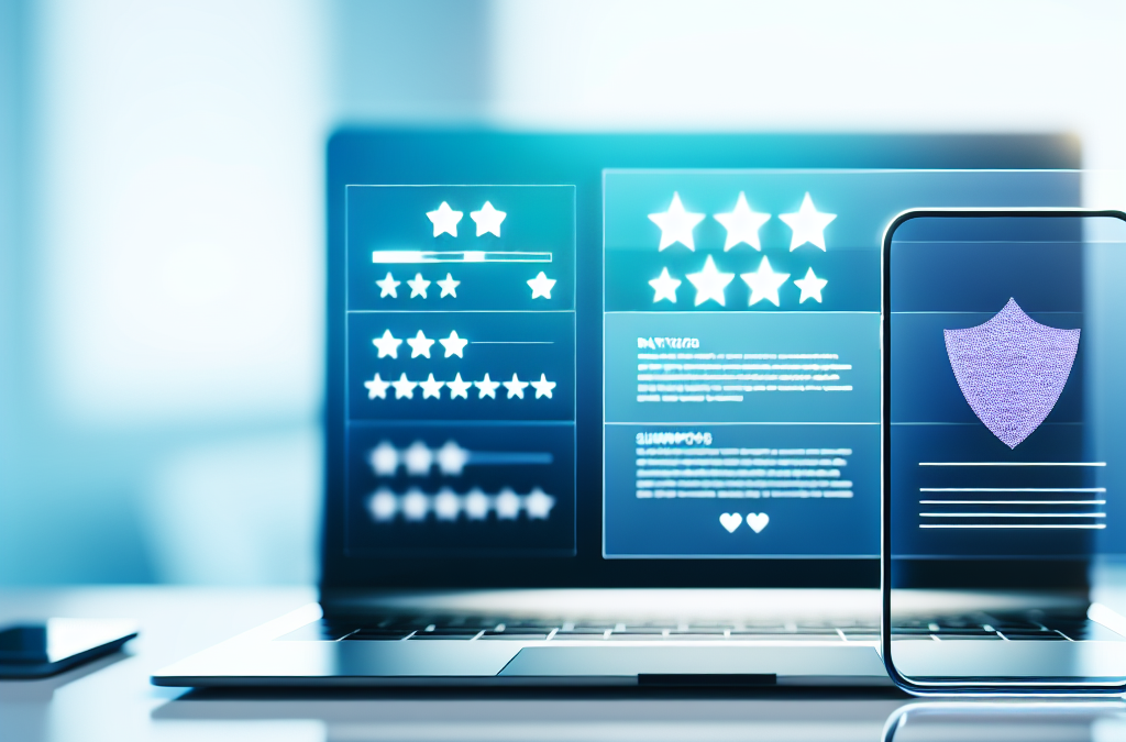 Dashboard concept showing online reviews, star ratings, and trust signals for online reputation management.