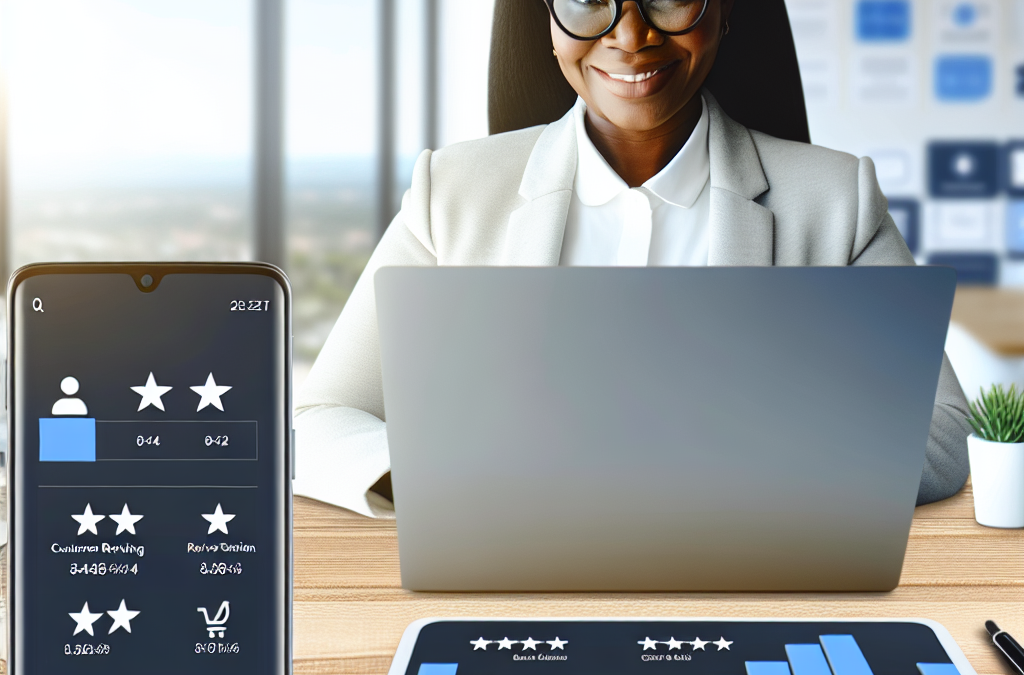 Business owner reviewing online ratings and reputation analytics on a laptop and phone