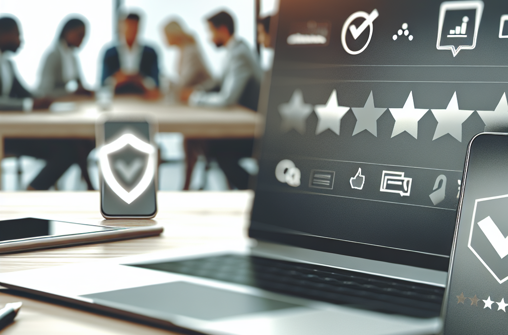 Business team reviewing online reputation metrics and customer reviews on a laptop and smartphone