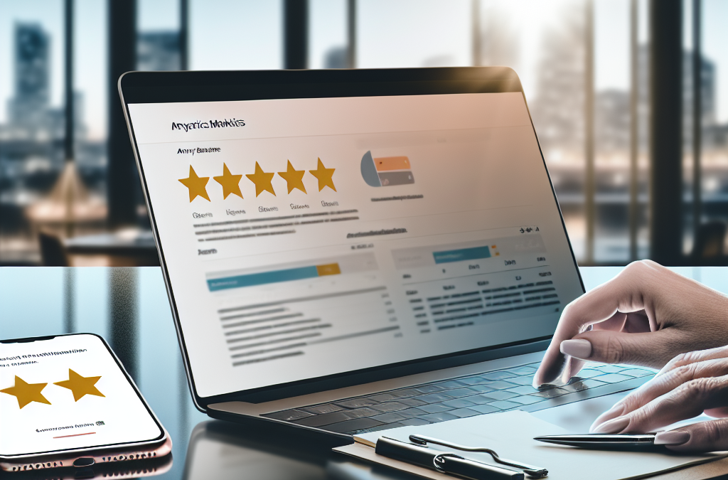 Business professional reviewing online ratings and search visibility metrics to build brand trust