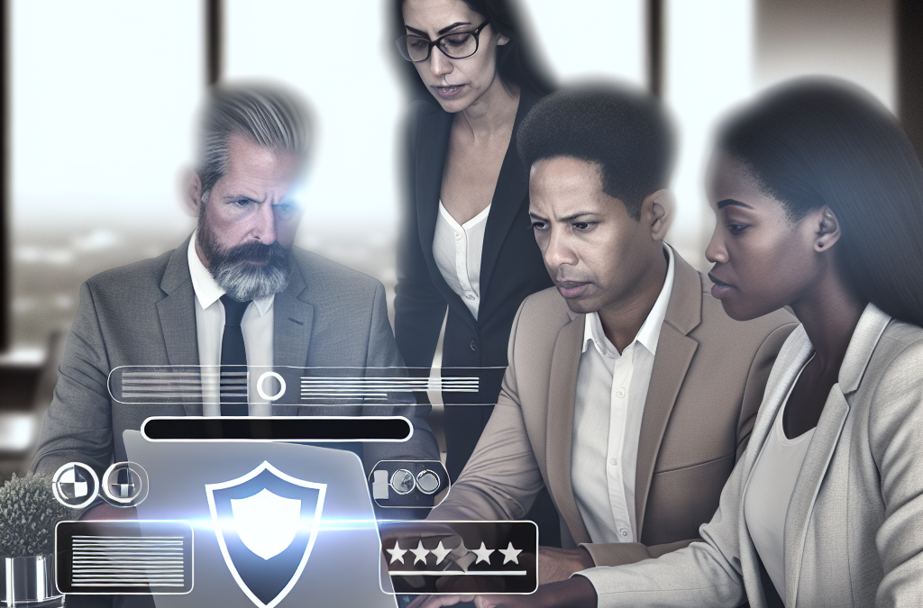 Business team reviewing online reputation and brand trust signals on a laptop