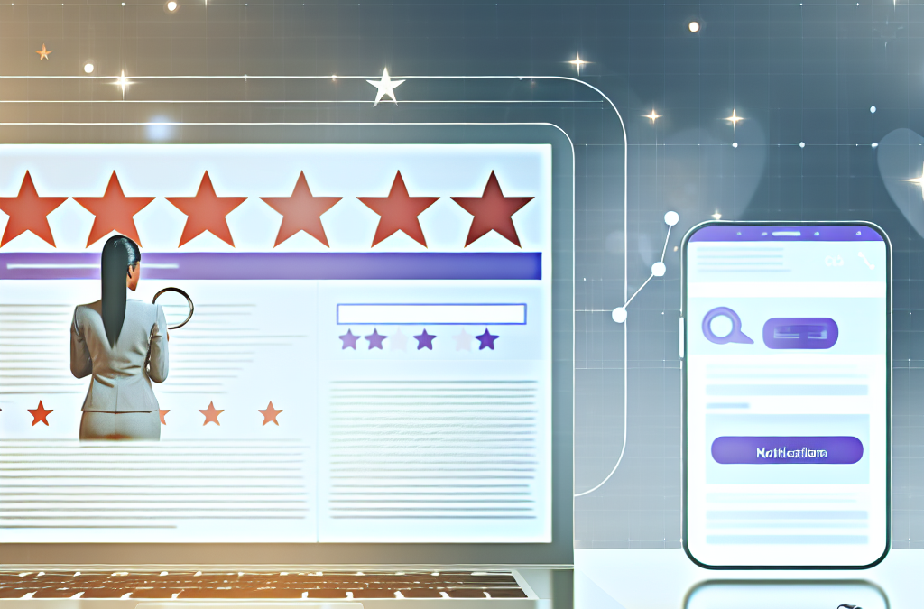 Professional desk scene showing devices with abstract reviews and search results, representing online reputation management and brand trust.