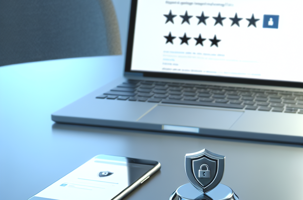 Laptop and smartphone displaying review and search interfaces symbolizing online reputation management and brand trust