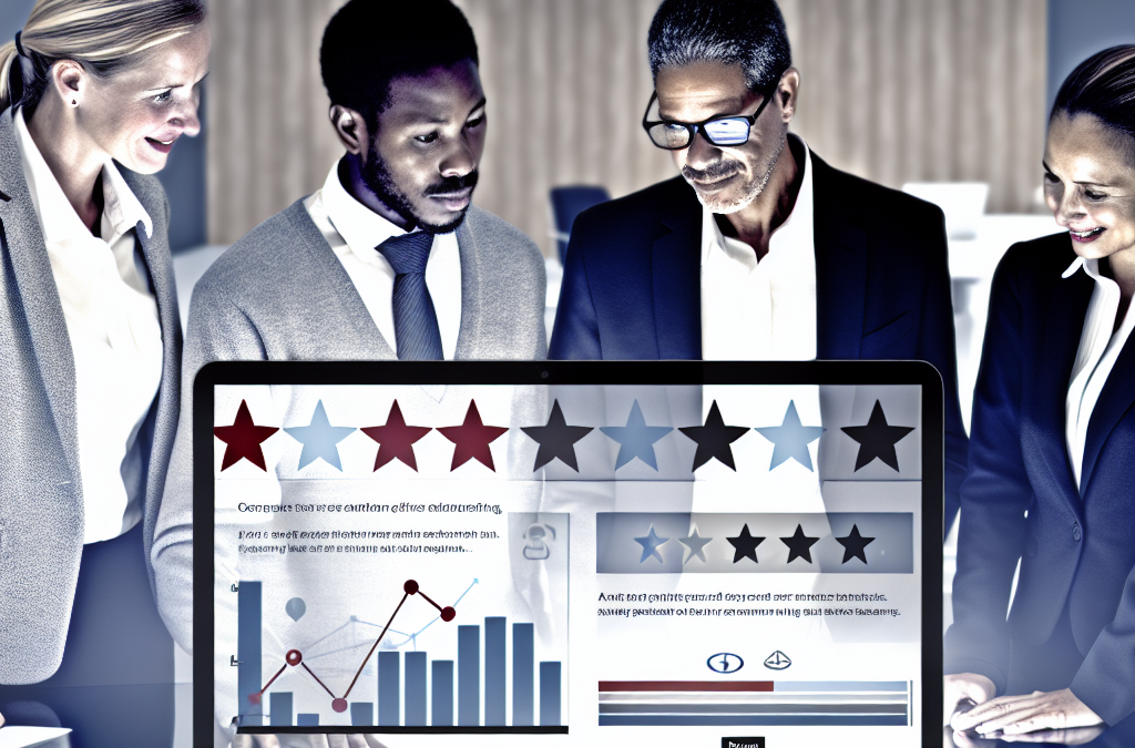 Business team reviewing online ratings and reputation metrics to build customer trust