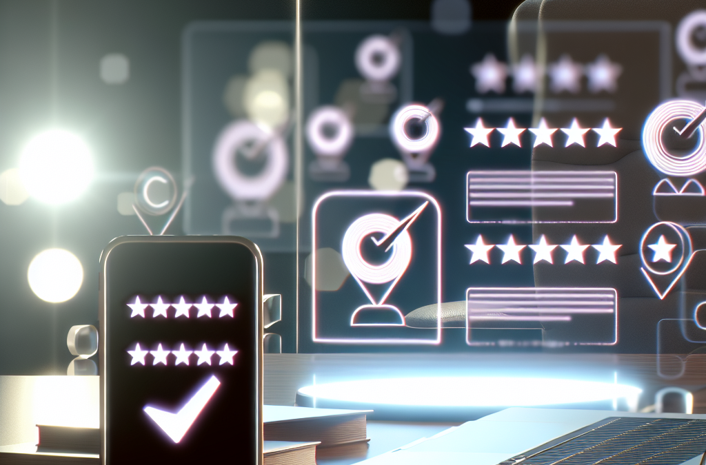 Laptop and smartphone with abstract review icons representing online reputation management and brand trust.