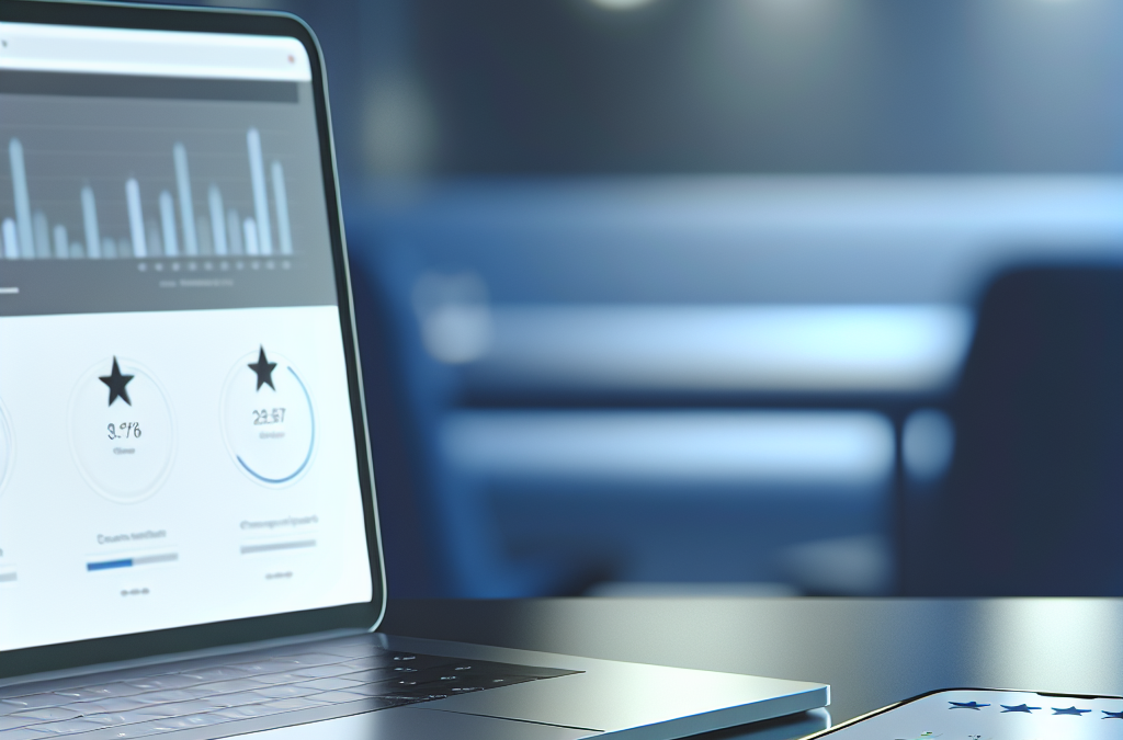 Laptop and smartphone displaying reviews and analytics representing online reputation management and brand trust